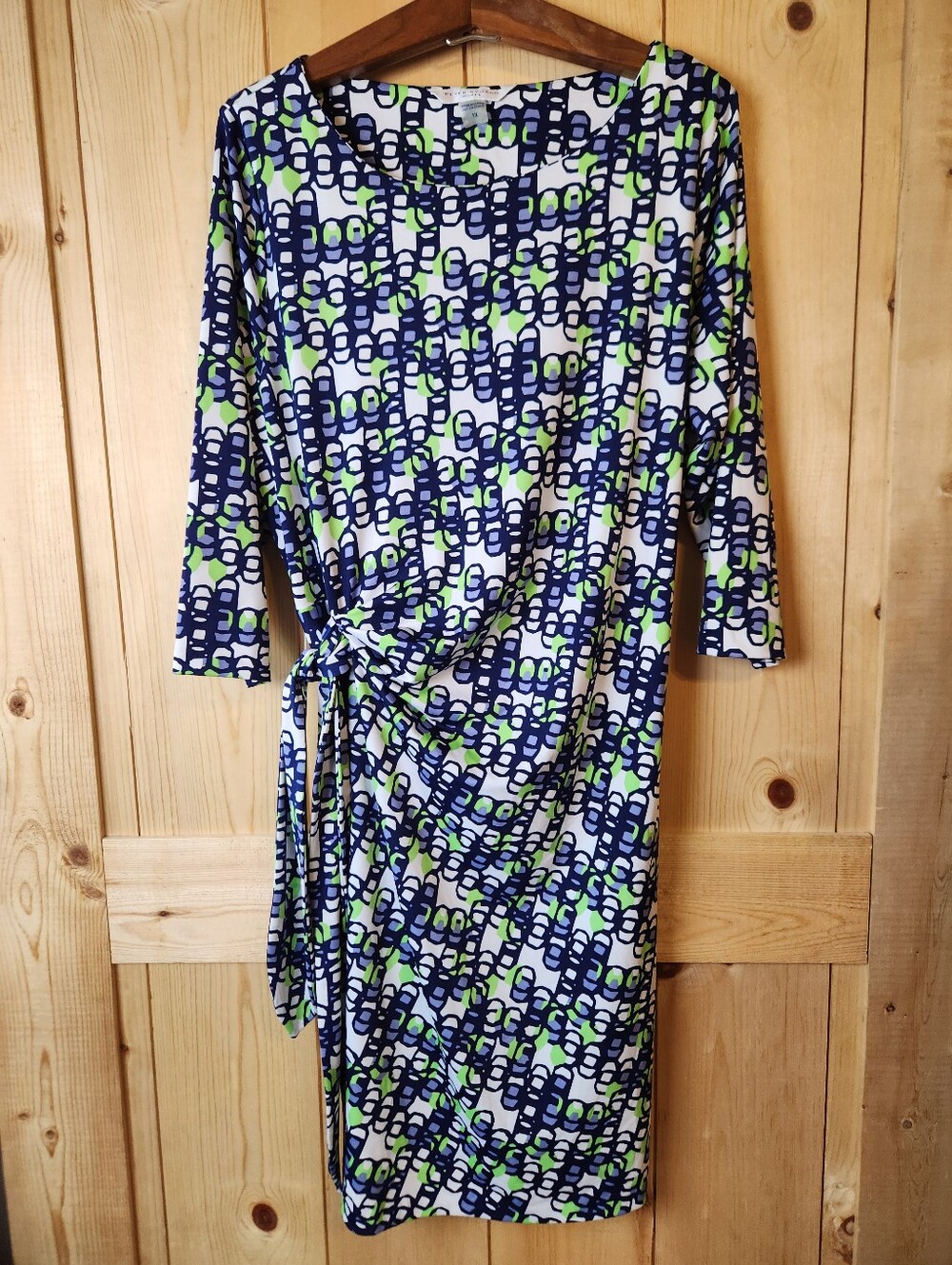 Peter Nygard Geometric Print Faux Wrap Side Tie 3/4 Sleeve Dress